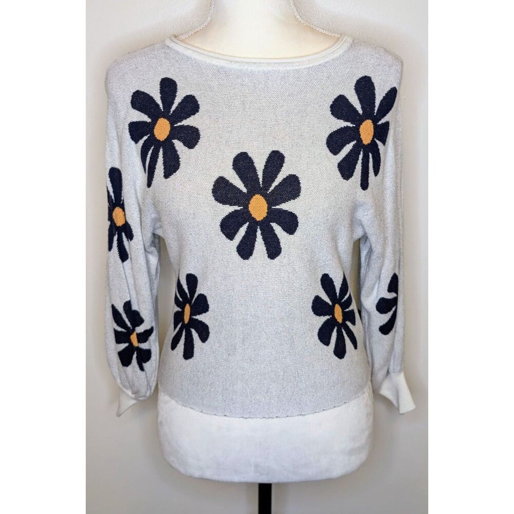 EKOUAER Daisy Floral Knit Sweater Off-White Black Yellow - Size Small